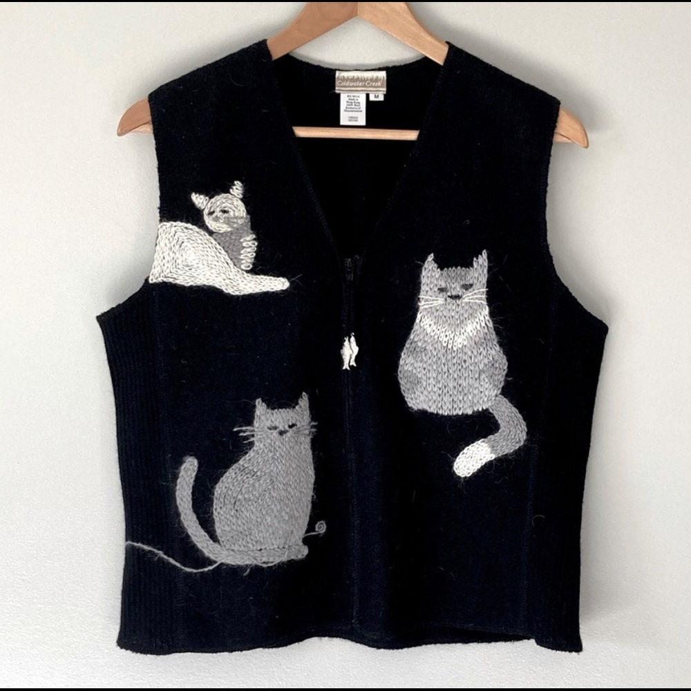Vintage Cat Knit Sweater Vest Wool Coldwater Creek Zip Up Embroidered V Neckline
